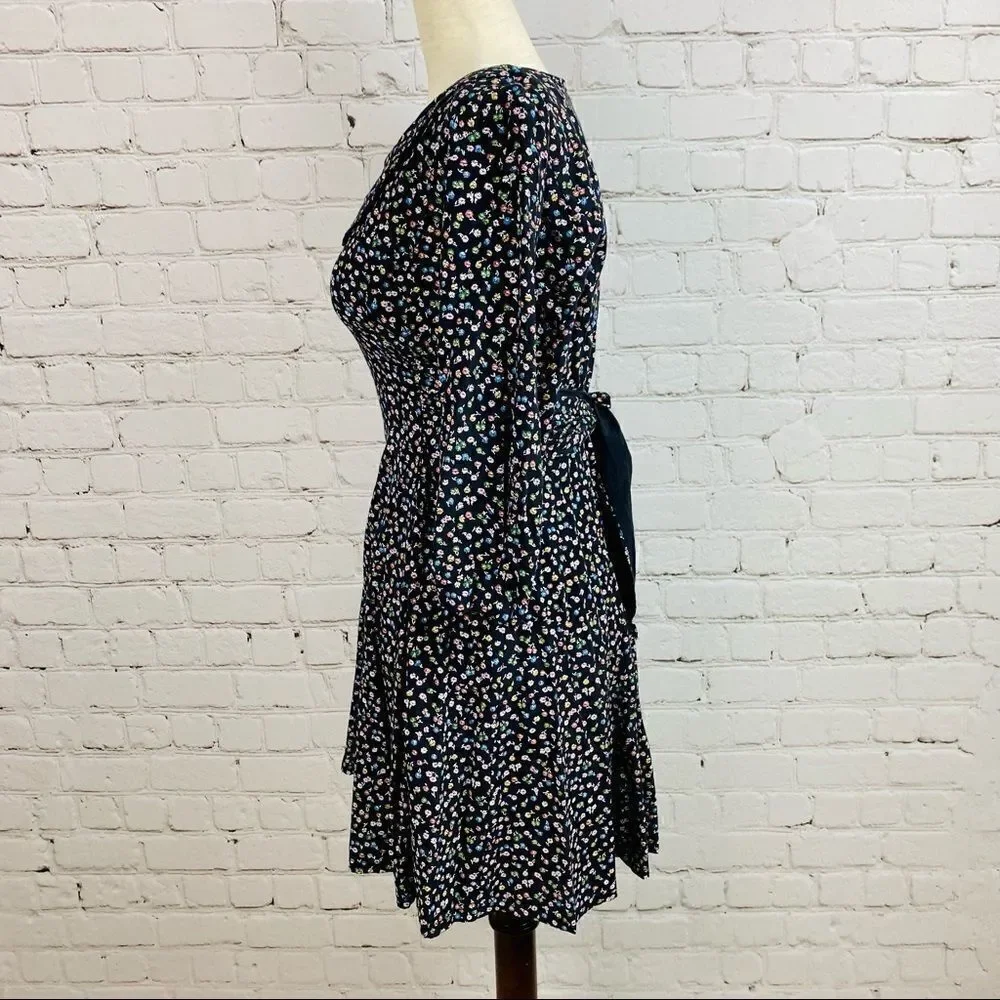 VTG 80s SL Petite Dagger Collar Navy Floral Tie Back Mini Dress Long Sleeves
